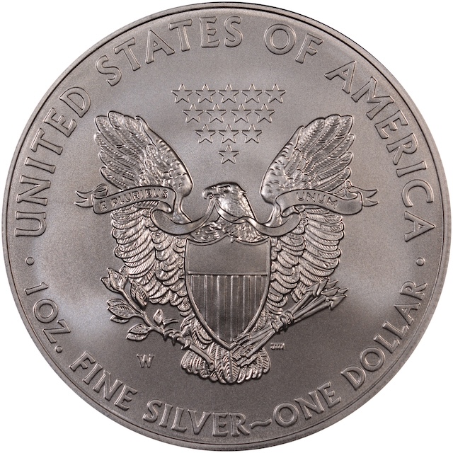 2008-W Burnished Silver Eagle Reverse of 2007 variety close-up showing the diagnostic sans-serif U in UNITED