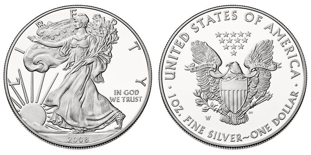 2008-W Proof Silver Eagle showing deep cameo mirror fields and frosted design elements