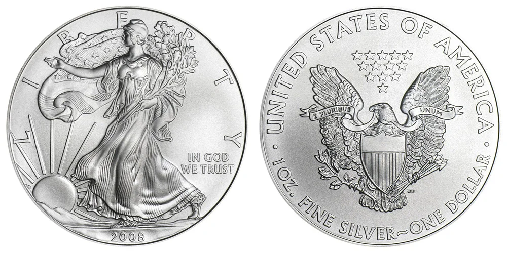 2008 bullion American Silver Eagle with no mint mark showing standard brilliant uncirculated finish