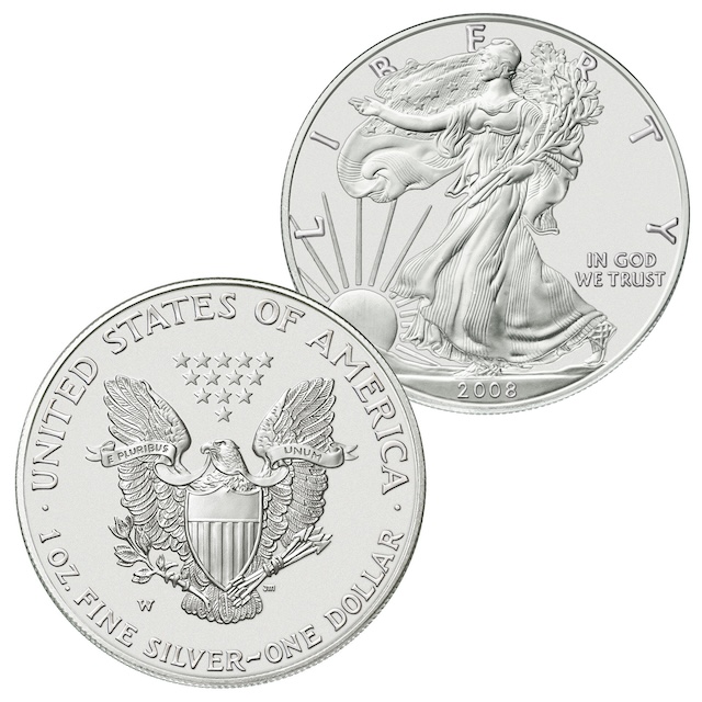 2008 American Silver Eagle grading strip showing four condition tiers from worn MS60 to perfect MS70